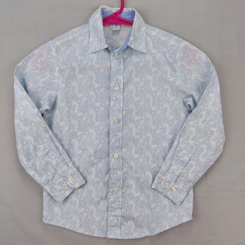 Class Club Button Down Boys 7 Blue Floral Palm Leaf Long Sleeve Dress Shirt